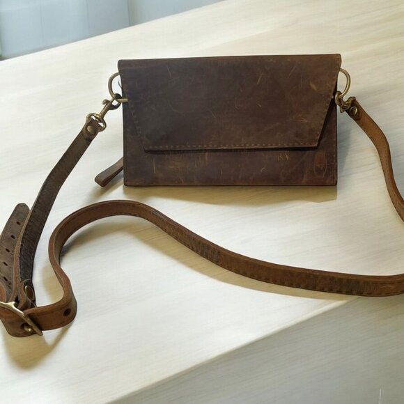 Handmade Distressed Leather Crossbody Bag Retro Rustic Academia Casual Outdoor - Picture 1 of 10